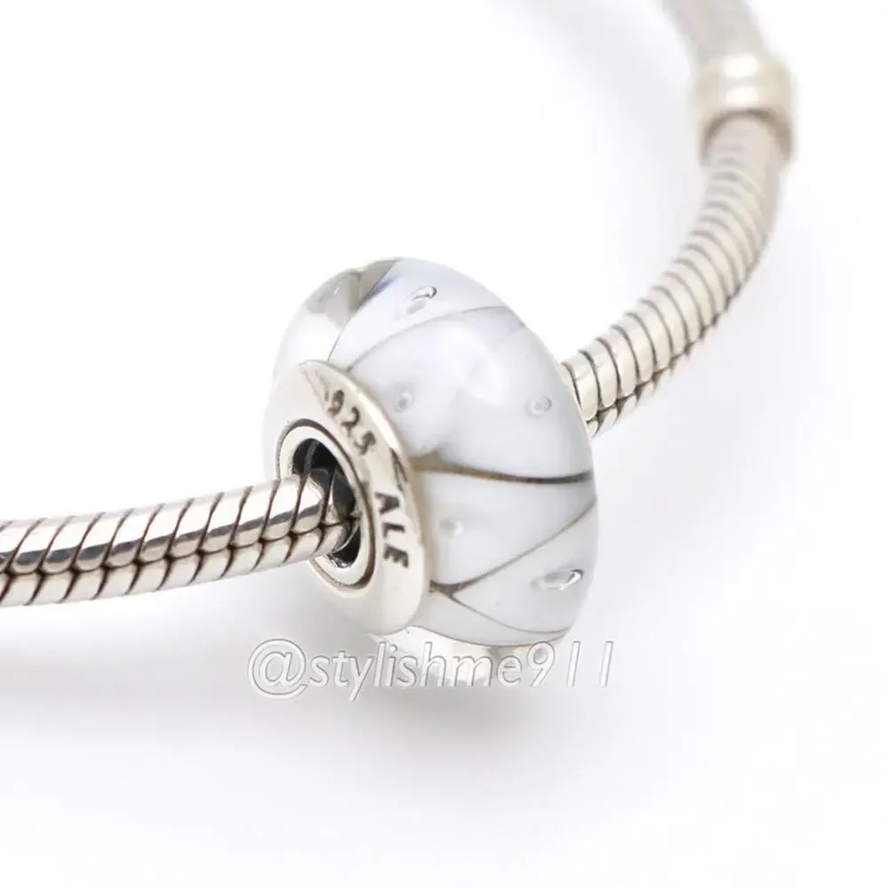 Authentic PANDORA Sterling Silver White Zig-Zag Murano Glass Bead Charm